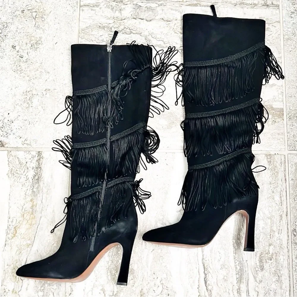 BCBGMaxazria Suede Fringe Heeled Boots, Black, New, Size 7.5